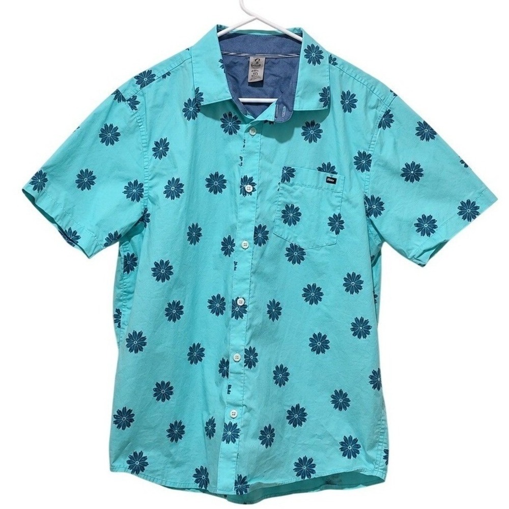 Hurley Button Up Shirt Medium Turquoise Floral Hawaiian Beach Resort Casual